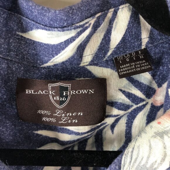 Black Brown Mens Hawaiian Aloha Shirt Linen Floral Blue L - Picture 4 of 4